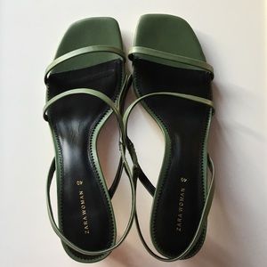 ZARA WOOD EFFECT HEEL LEATHER SANDALS GREEN SZ 9